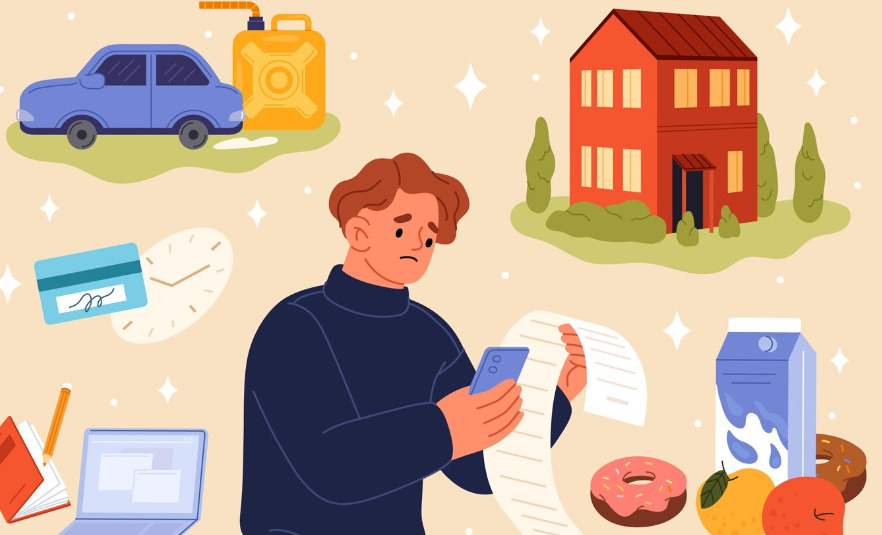 청년이 영수증을 들고 고민하고 있다