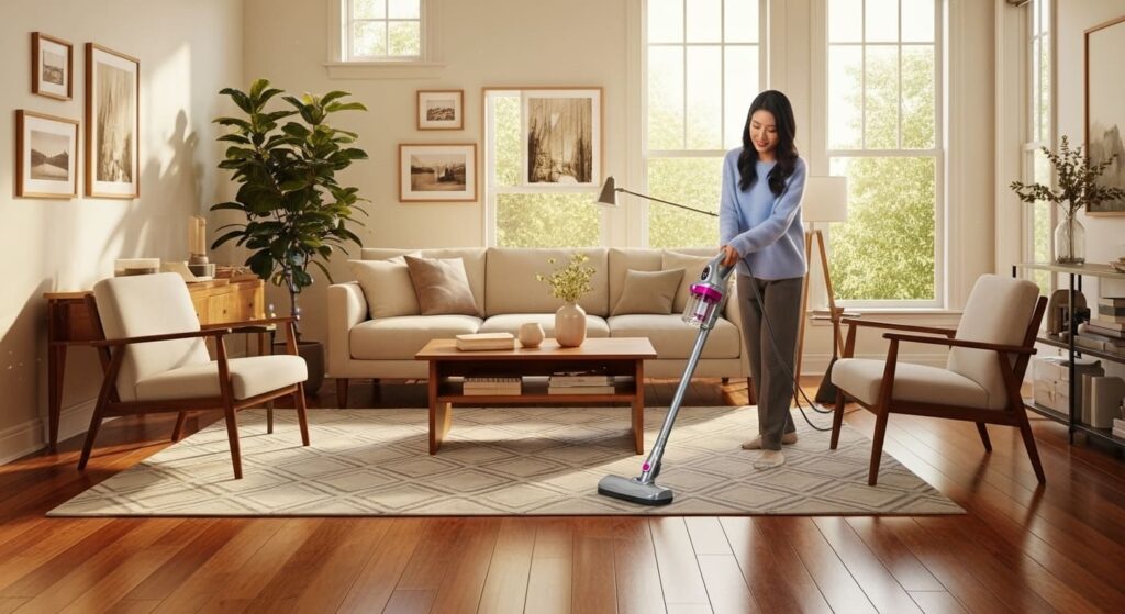 거실청소하는 여성