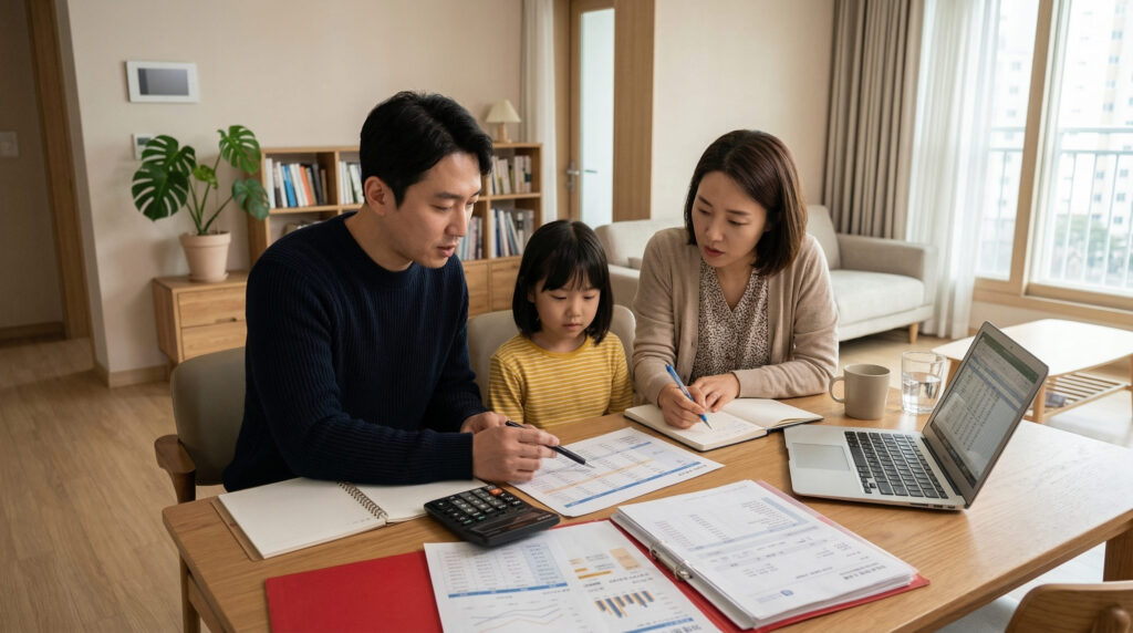 정부 복지 지원금 신청 방법 확인하는 가족