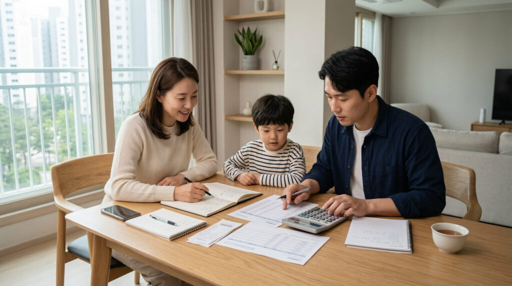 건강보험료 구간 확인하는 가족 