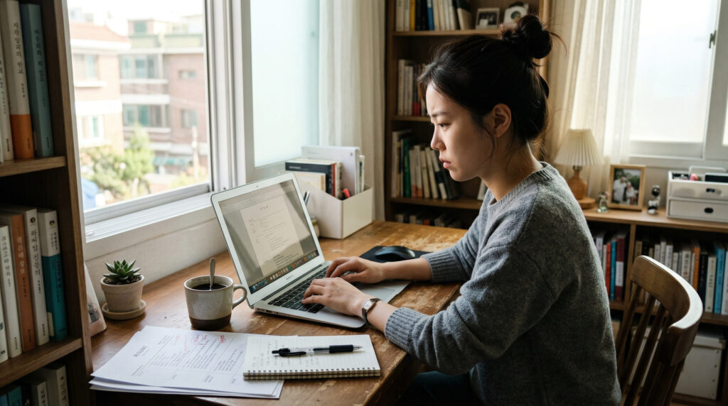 희망리턴패키지 신청 조건 확인하는 여성 