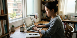 희망리턴패키지 신청 조건 확인하는 여성