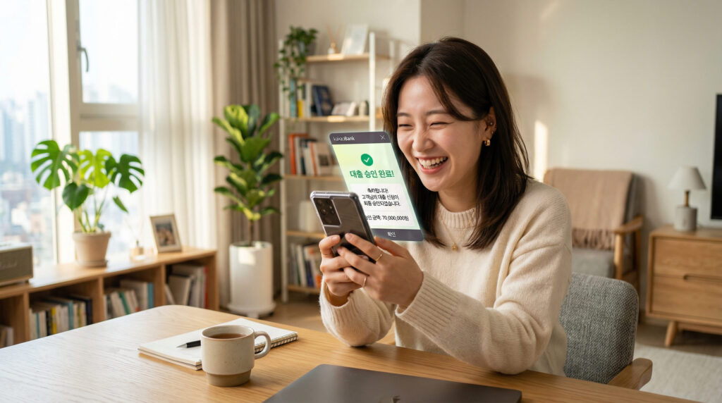 직장인 신용대출 한도 연봉 기준 확인하고 즐거워 하는 여성