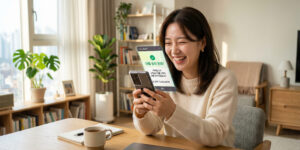 직장인 신용대출 한도 연봉 기준 확인하고 즐거워 하는 여성