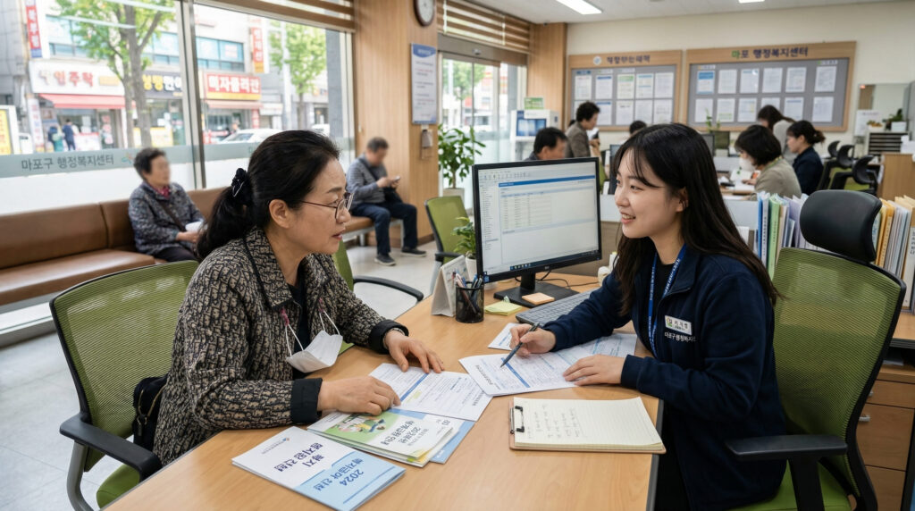 기준 중위소득 상담하는 중년여성 