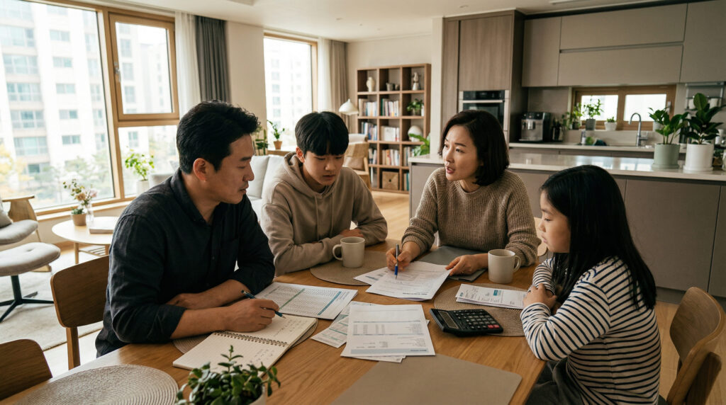 한 가족이 모여 중위소득 계산 중