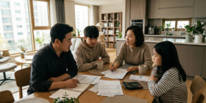 한 가족이 모여 중위소득 계산 중