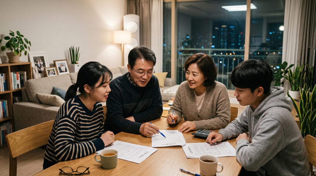 한 가족이 모여 한달 생활비를 의논하는 모습