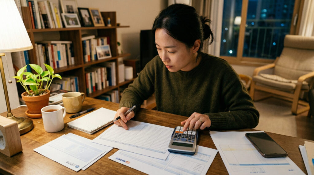 1인 생계비 계산하는 여자의 모습