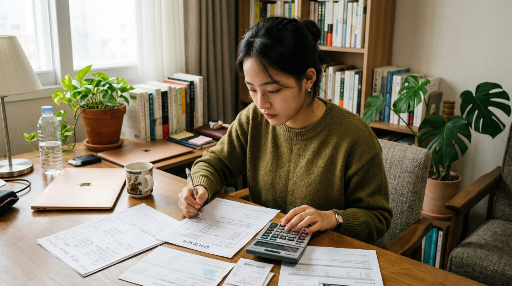1인 생계비 계산하는 젊은 여성 