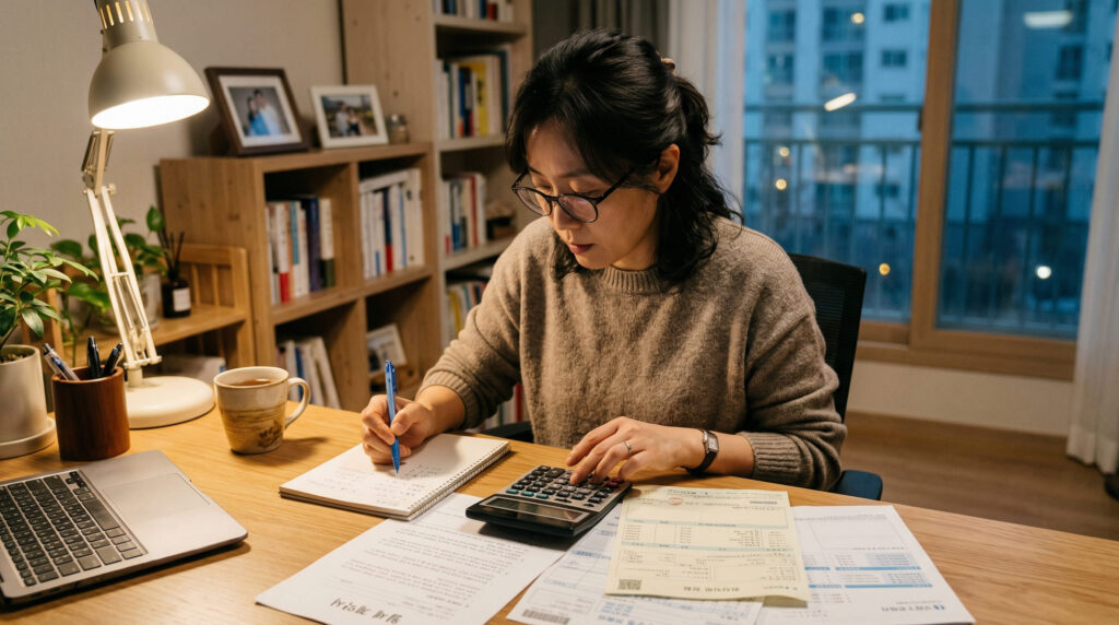 한달 생활비 계산하는 중년여성