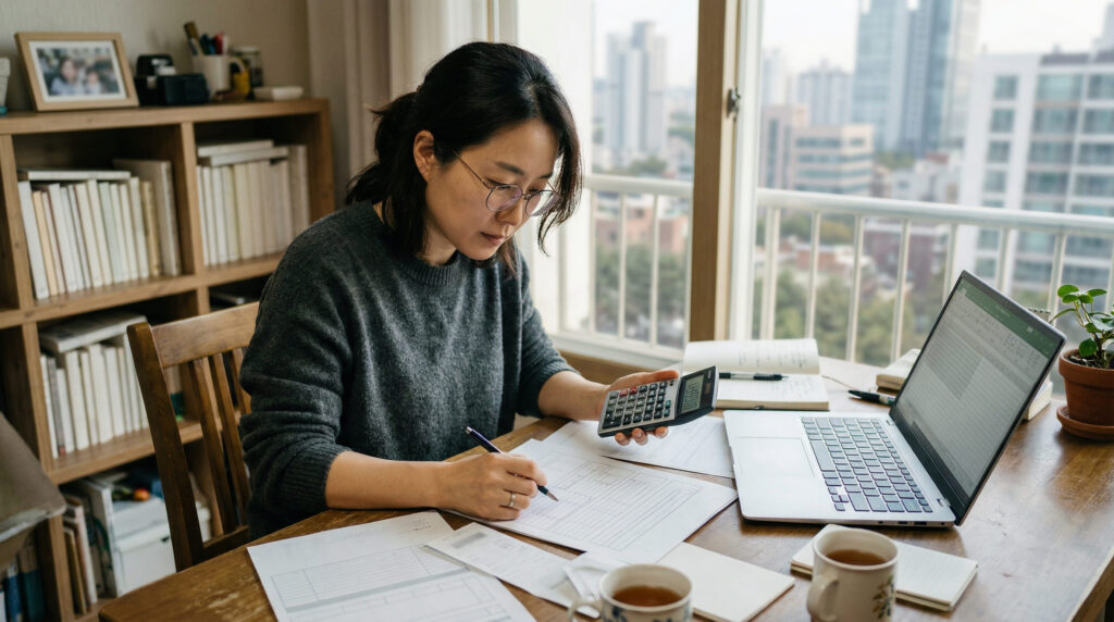 중년 여성이 생활비 계산하는 모습