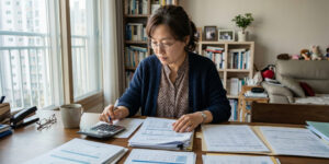 중위소득 계산하는 중년여성