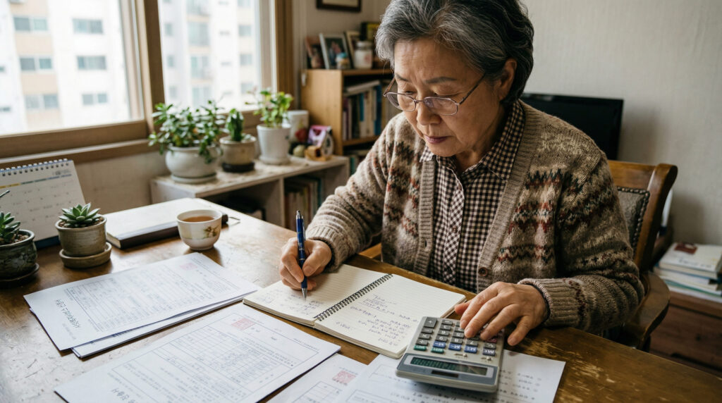 생계급여 계산하는 60대 여성 