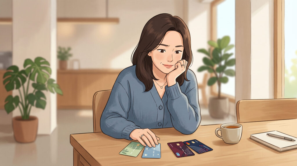 생활비 할인 신용카드 확인하는 여성