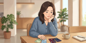 생활비 할인 신용카드 확인하는 여성