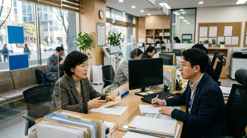생계급여 신청방법 상담 받는 중년여성 