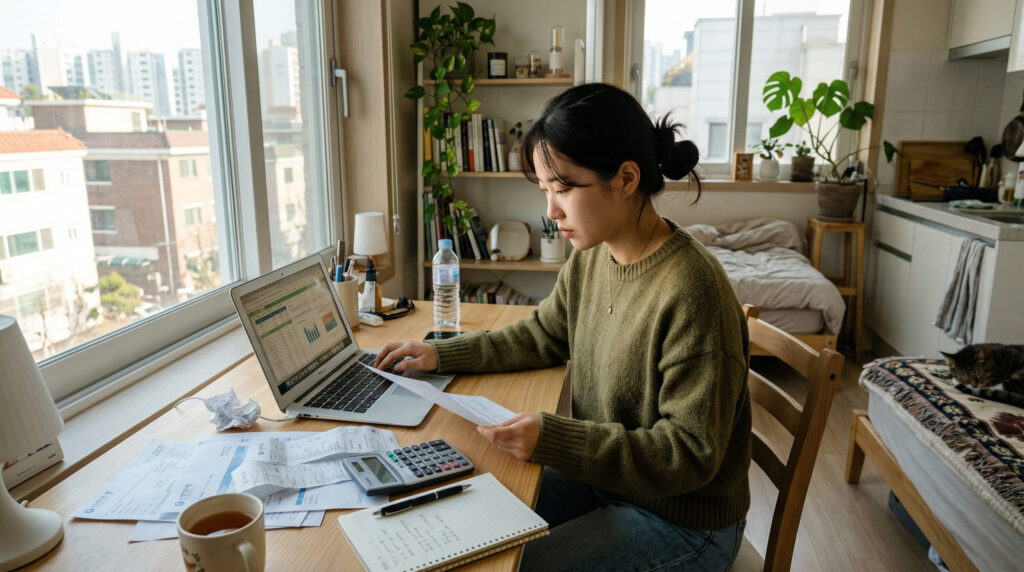 1인 가구 여성이 구인광고 검색하는 모습
