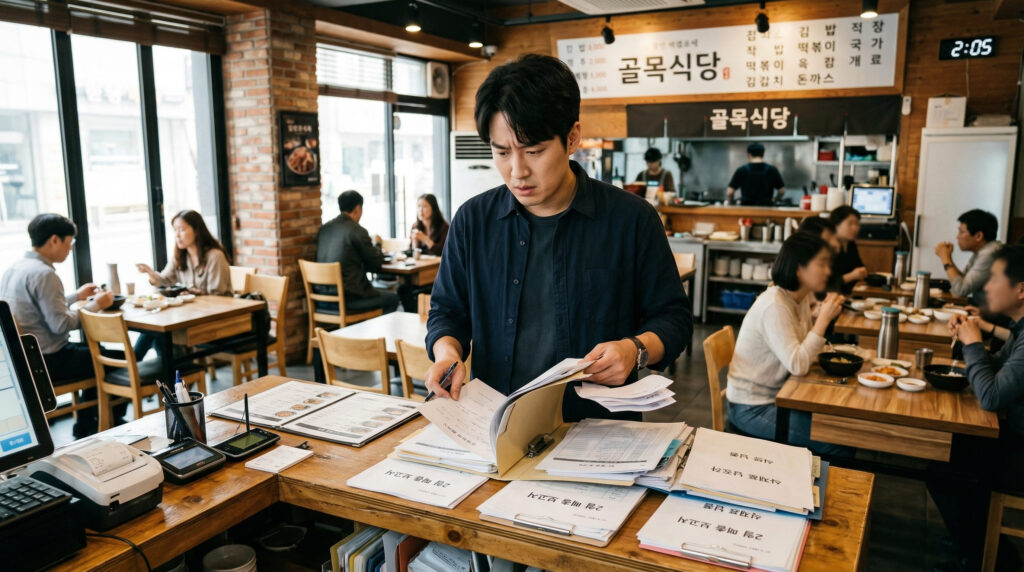 식당에서 우리 지역 소상공인 지원금 고민하는 사장님