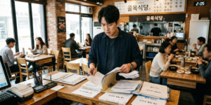 식당에서 우리 지역 소상공인 지원금 고민하는 사장님