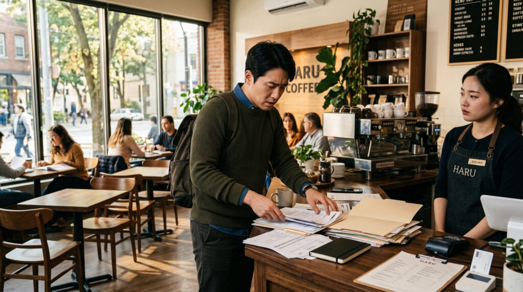 대전 소상공인 지원금 서류 정리하며 힘들어하고 있는 남성