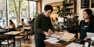 대전 소상공인 지원금 서류 정리하며 힘들어하고 있는 남성