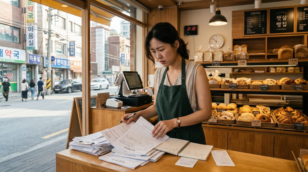 대구 소상공인 지원금 받기 위해 서류를 정리중인 여성