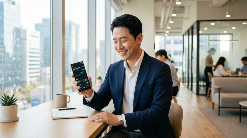 한국인 소상공인이 미소지으며 웃는장면 